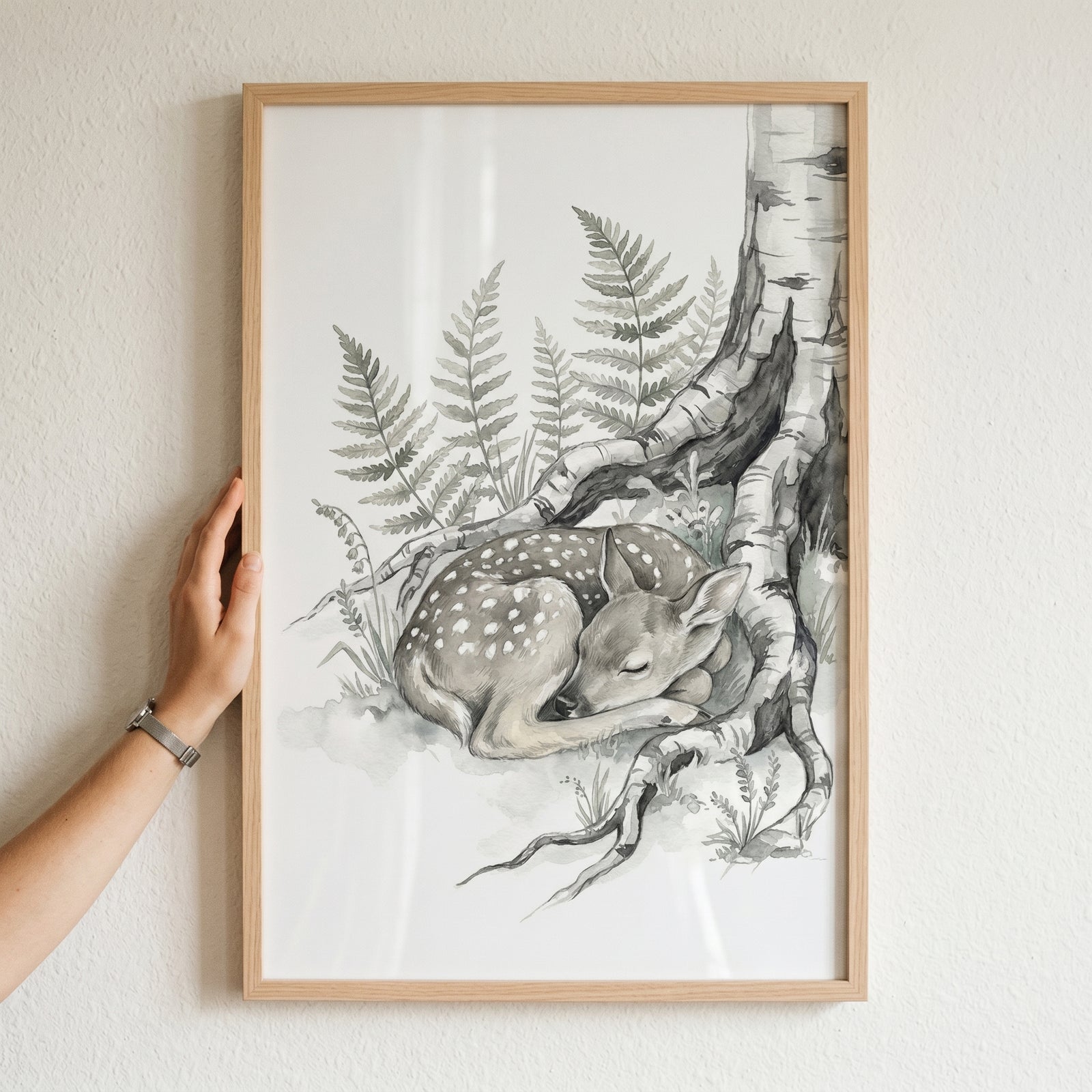 A hand holds a framed birch tree roots fawn artwork of a sleeping fawn curled between tree roots and ferns.