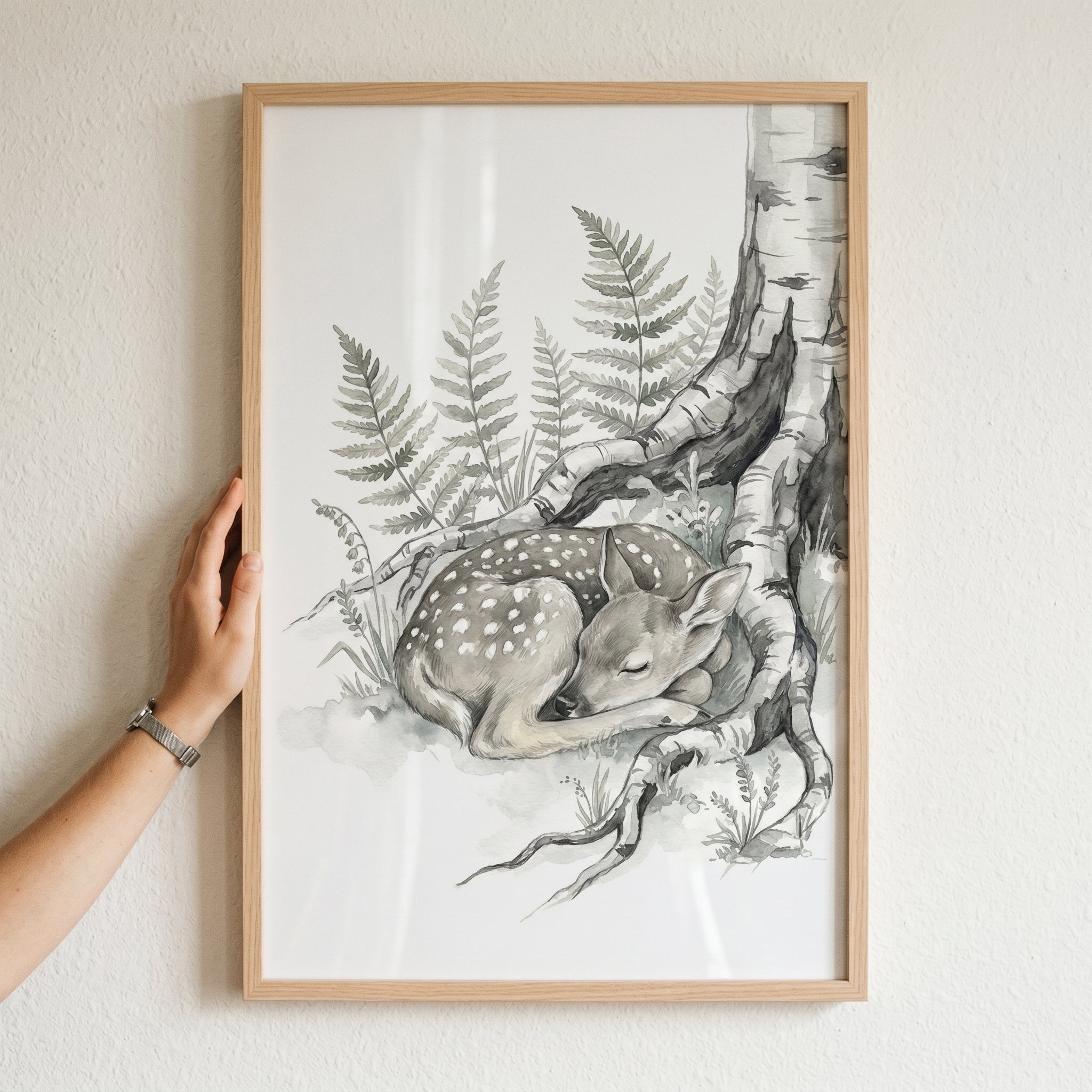 Birch Tree Roots Fawn Artwork - Sleeping Forest Fawn