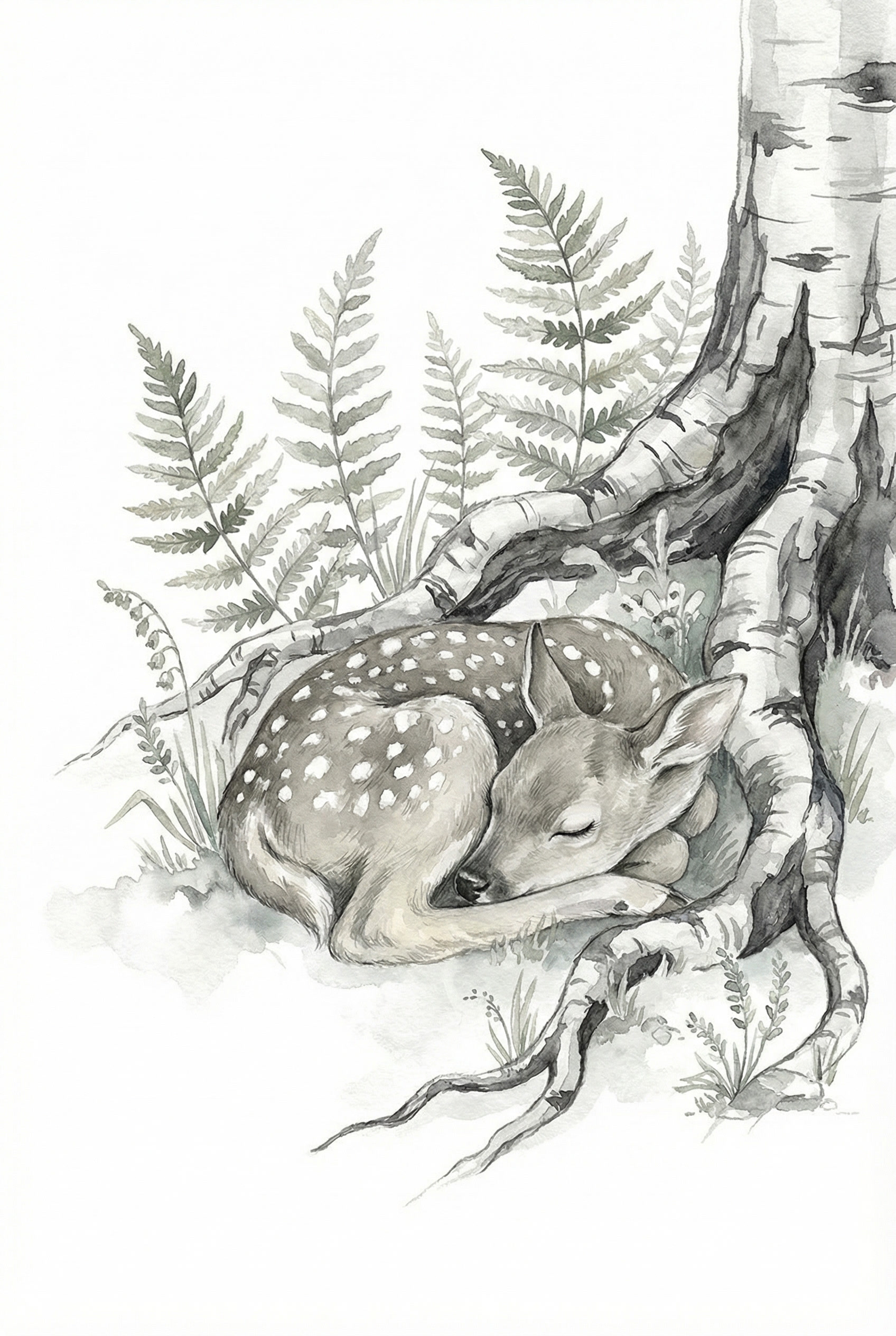 Birch Tree Roots Fawn Artwork - Sleeping Forest Fawn
