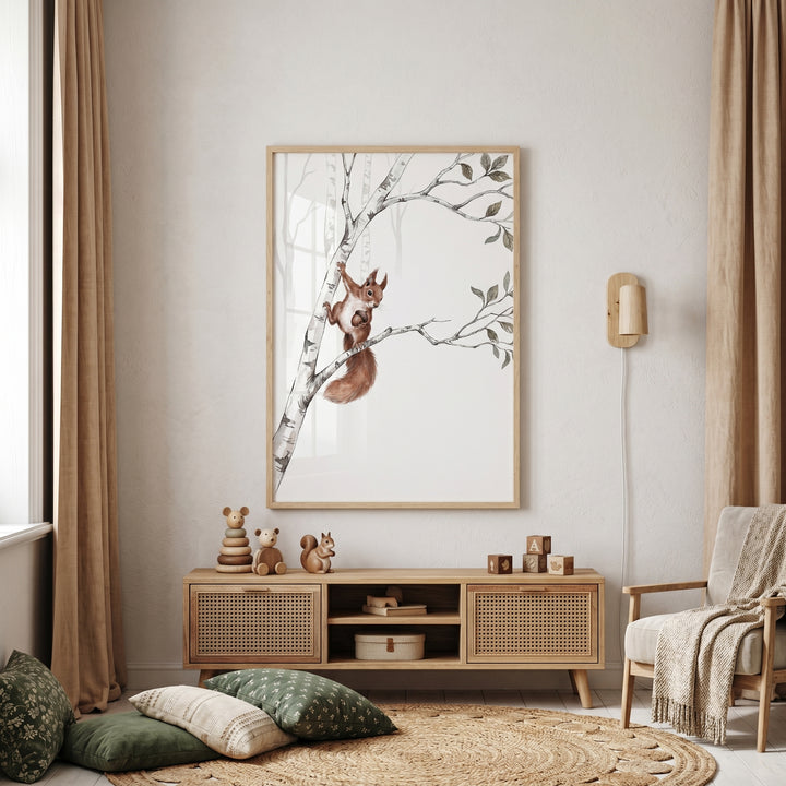 Neutral room featuring birch tree squirrel wall art, wood furniture, floor cushions, and a round jute rug.