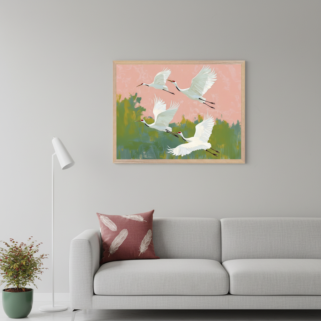 A modern living room with a light gray sofa and a white floor lamp, featuring a framed painting of four white cranes in flight against a soft pink sky and green abstract landscape. A burgundy pillow with white feather prints adds a pop of color to the neutral space.