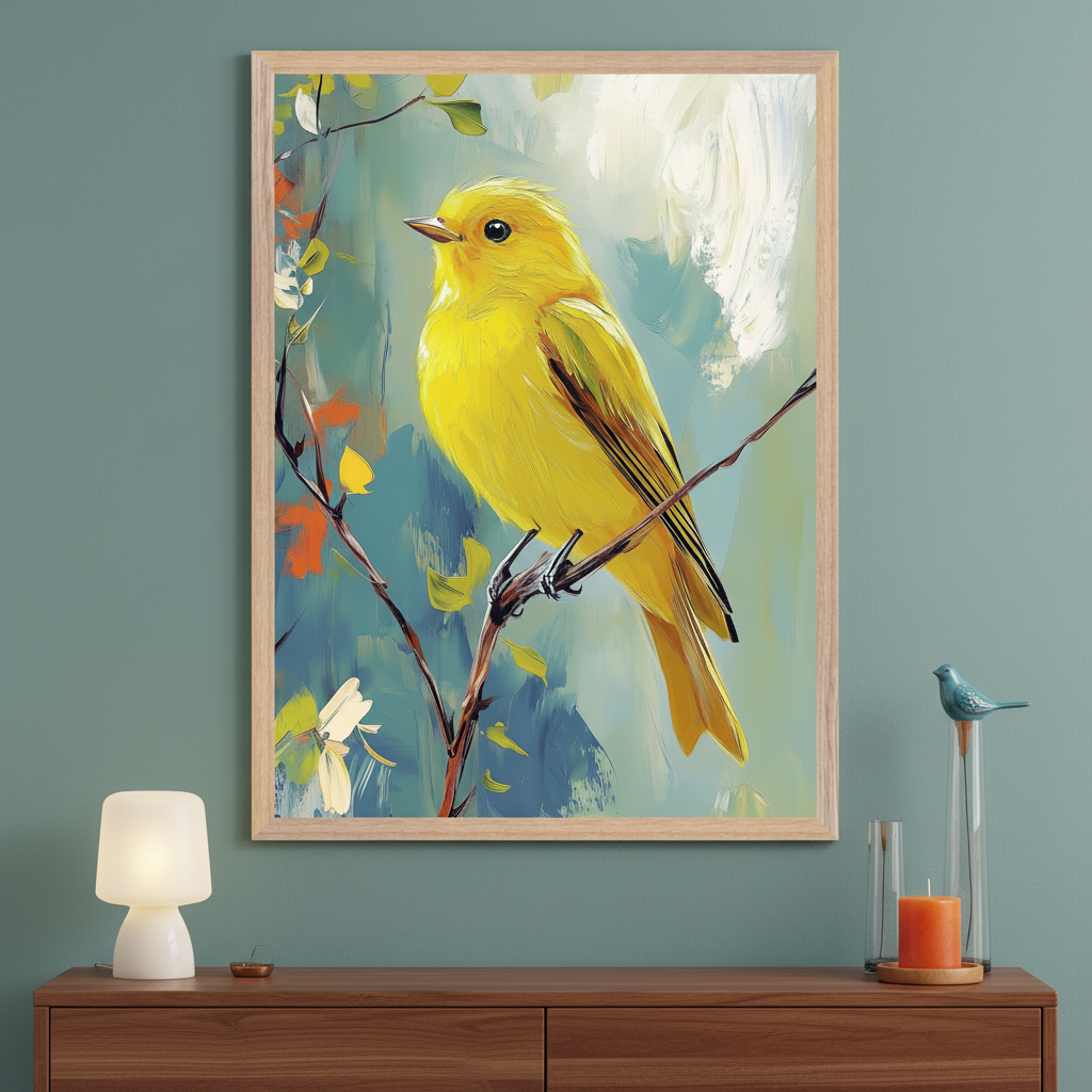 Modern room with a wooden dresser. A large framed impressionistic painting of a yellow bird on a branch, set against an abstract blue and green background, hangs centered above the dresser. A white lamp sits on the left of the dresser.
