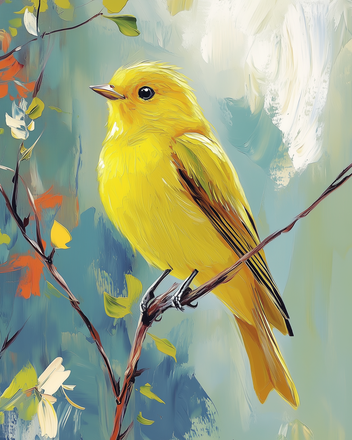 Yellow bird perched on a branch with a colorful background