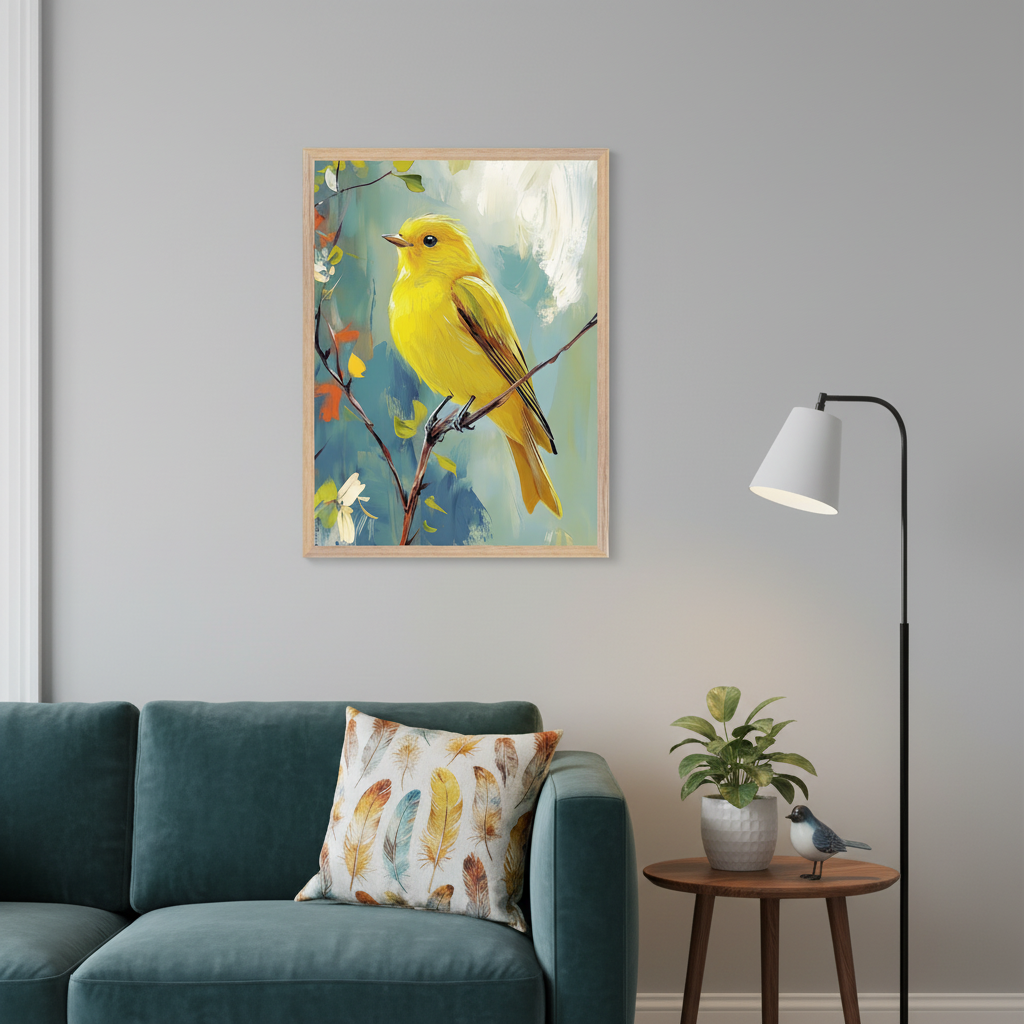 Living room with a teal sofa. A framed painting of a yellow bird on a branch in an oil painting style hangs above the sofa. A feather-print pillow, floor lamp, and side table with a plant and bird figurine are also visible.