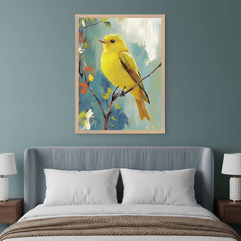 Modern bedroom with a gray upholstered bed. A light wood framed painting of a bright yellow bird on a branch with colorful foliage, in an impressionistic style, hangs centered above the bed. White lamps on wooden nightstands flank the bed.