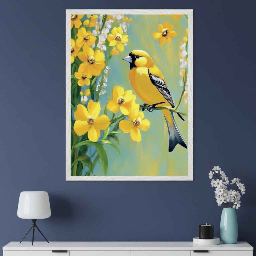 Modern living room with a white console table against a dark blue wall. A framed painting of a yellow bird on a branch with yellow and white flowers, in a painterly style, hangs centered above the console.
