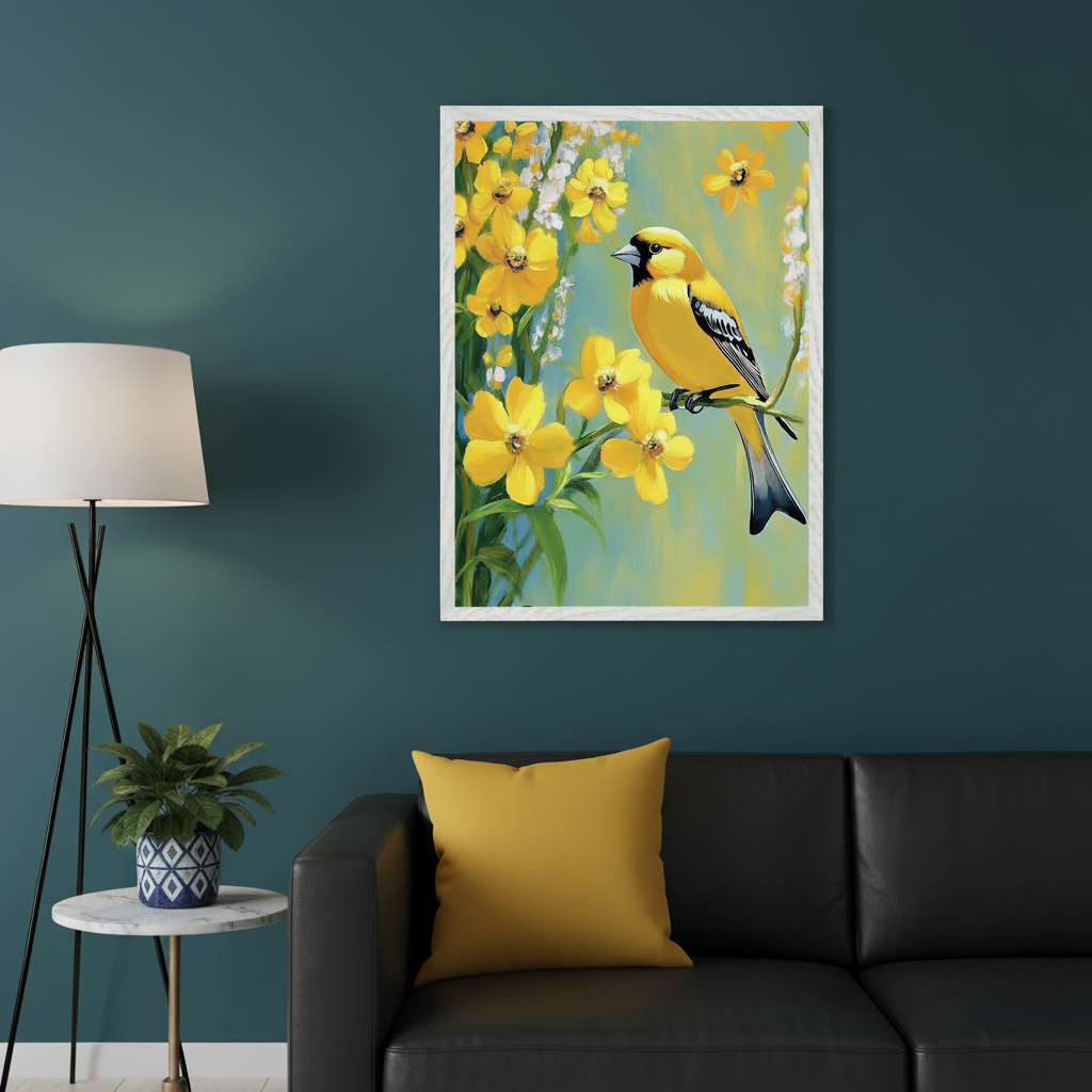 Modern living room with a black leather sofa, yellow cushion, and white floor lamp. A framed painting of a yellow bird on a branch with yellow flowers and a light blue/yellow background hangs above the right side of the sofa.