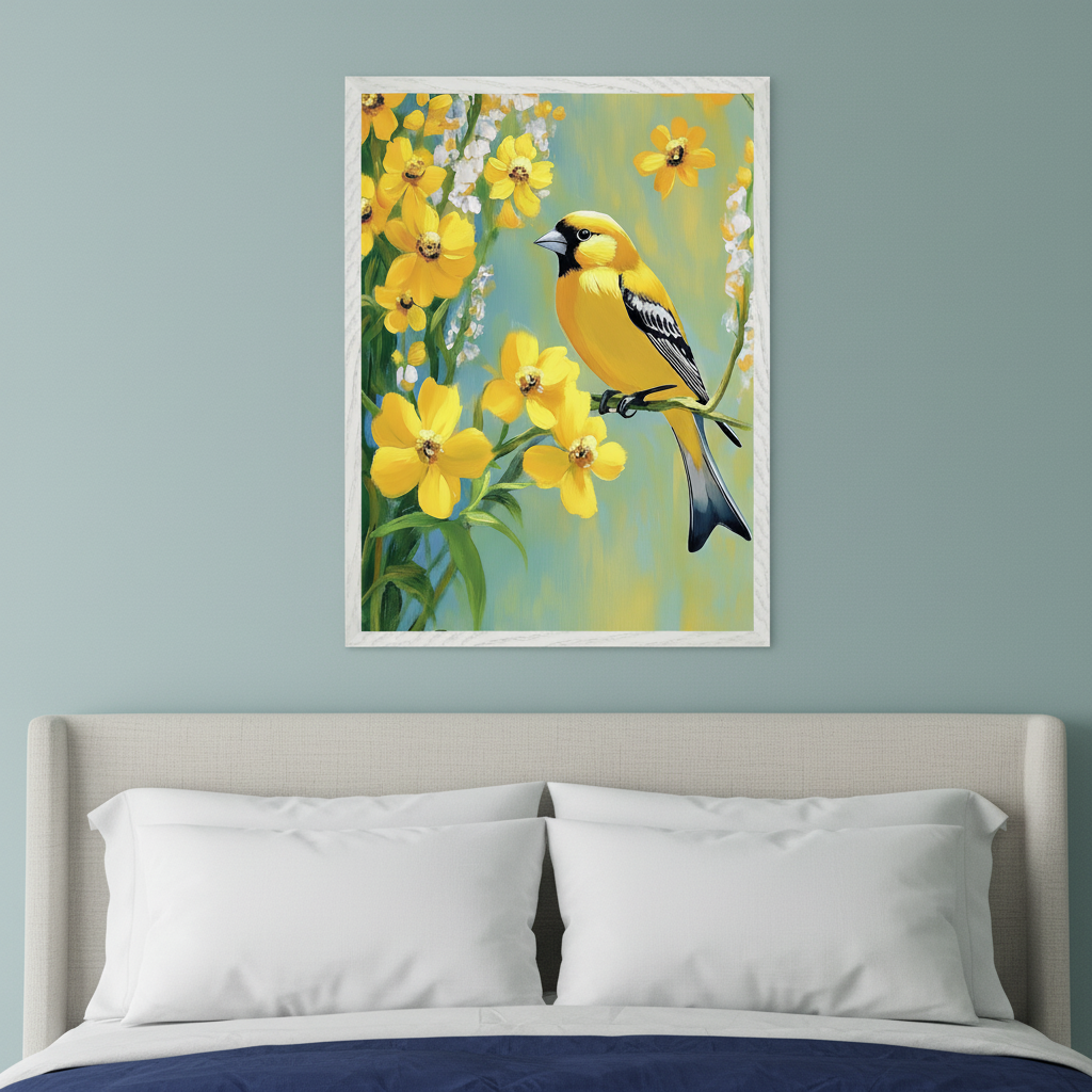 Bedroom with a beige upholstered bed and white pillows against a light blue wall. A framed painterly artwork of a yellow bird with black accents perched on a branch surrounded by yellow and white flowers hangs centered above the bed.