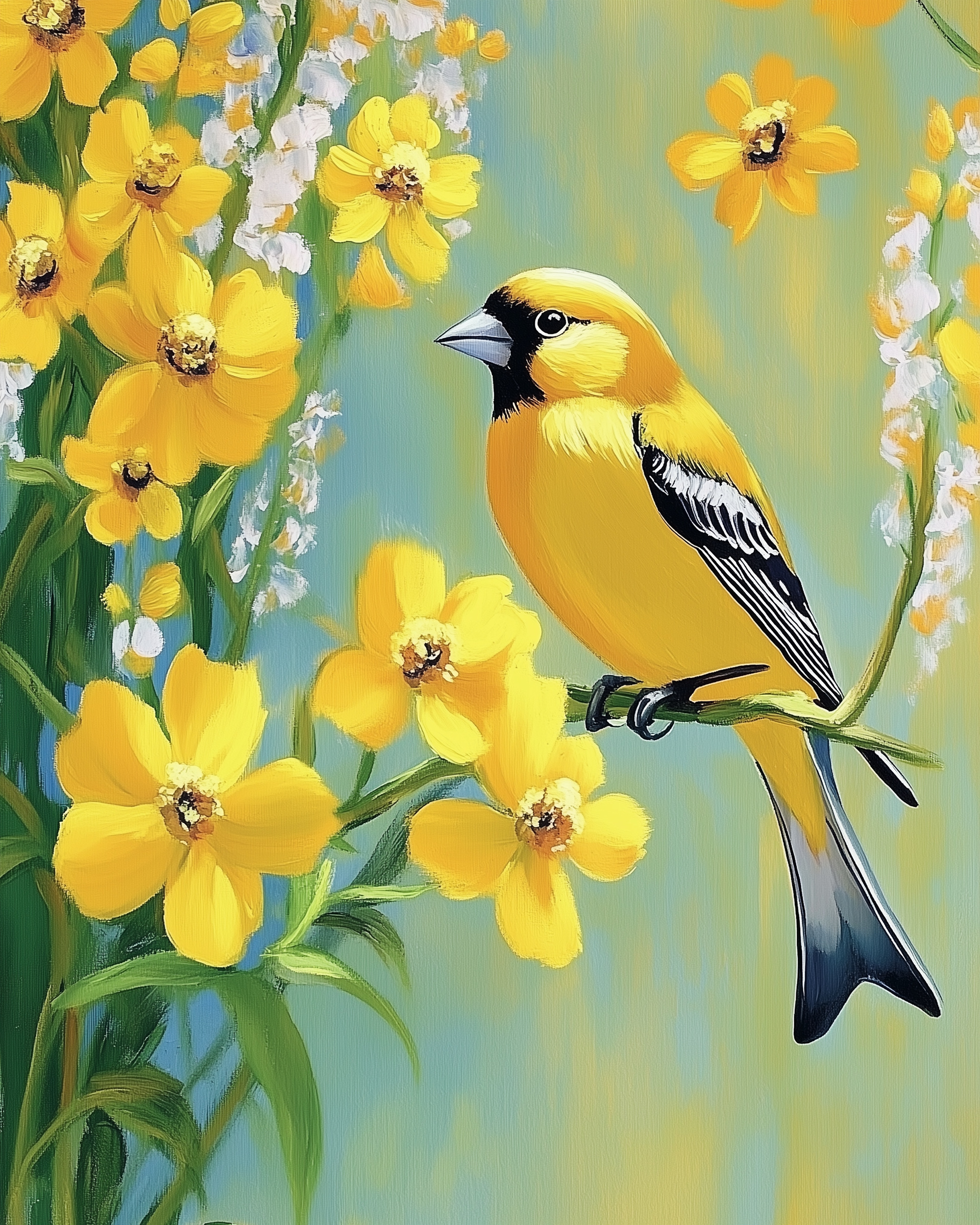 Bright, cheerful painting of a yellow bird with black and white wings perched on a branch surrounded by blooming yellow and white flowers. The soft blue and green background enhances the vivid colors and springtime feel of the scene.