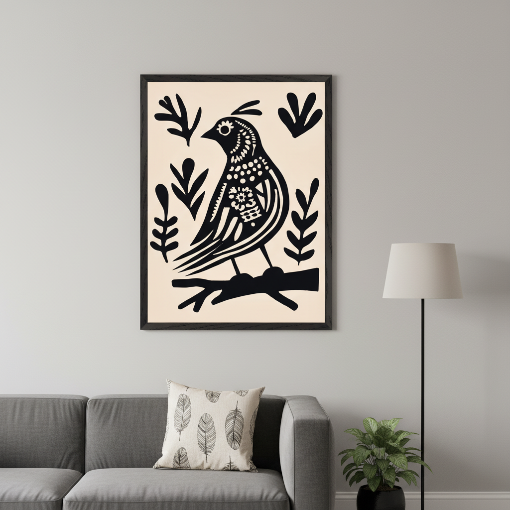 Living room with a gray sectional sofa. A framed black and off-white folk art style print depicting a patterned bird on a branch with leaves hangs centered above the left side of the sofa. A patterned pillow, floor lamp, and plant are also visible.