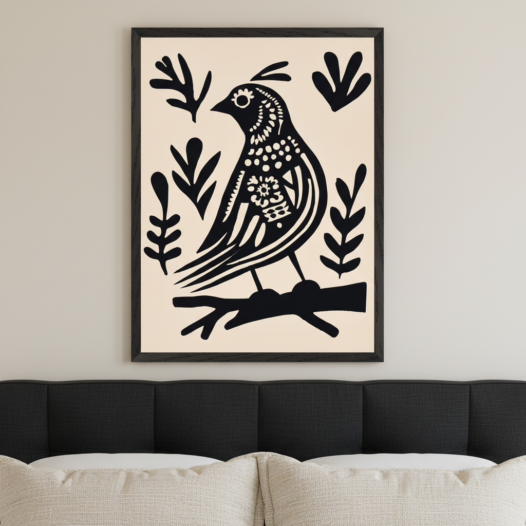 Modern bedroom with a dark upholstered headboard. A framed black and white folk art print of a stylized bird on a branch with leaves is centered above the bed.