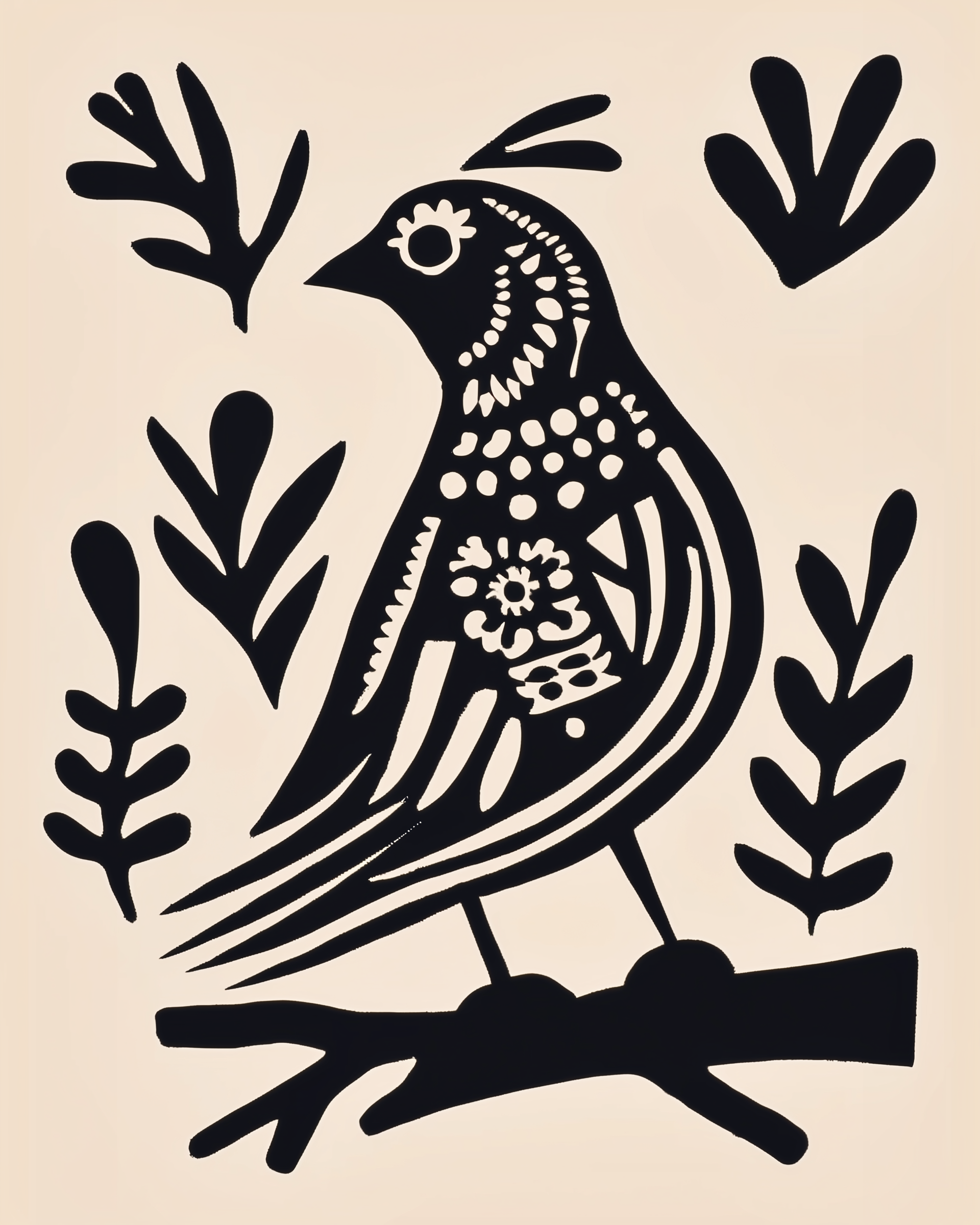 A black silhouette of a stylized bird with floral and dotted patterns perched on a branch, surrounded by leafy shapes. The folk art design appears cut from paper on a light beige background.