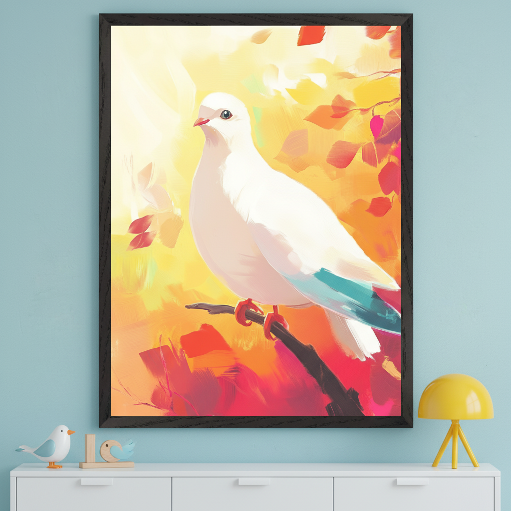 Modern room with a white dresser. A large, black-framed painting of a white dove on a branch with a vibrant yellow and red abstract background hangs centered above the dresser. A yellow mushroom lamp is on the right side of the dresser.