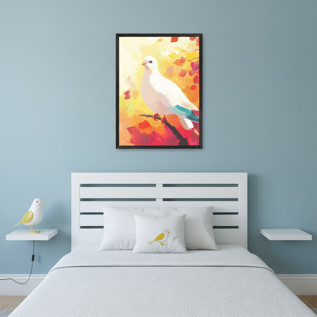 Modern bedroom with a white slatted bed and headboard against a blue wall. A framed painting of a white dove with a blue-green tail on a branch, set against warm yellow, orange, and red foliage, is centered above the bed. White floating shelves, a yellow bird lamp, and a bird-embroidered pillow are also visible.