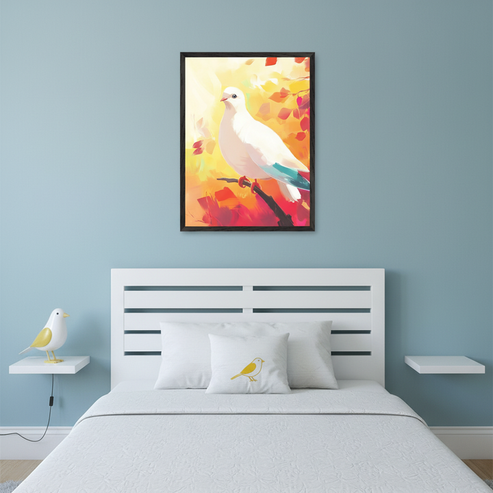 Modern bedroom with a white slatted bed and headboard against a blue wall. A framed painting of a white dove with a blue-green tail on a branch, set against warm yellow, orange, and red foliage, is centered above the bed. White floating shelves, a yellow bird lamp, and a bird-embroidered pillow are also visible.