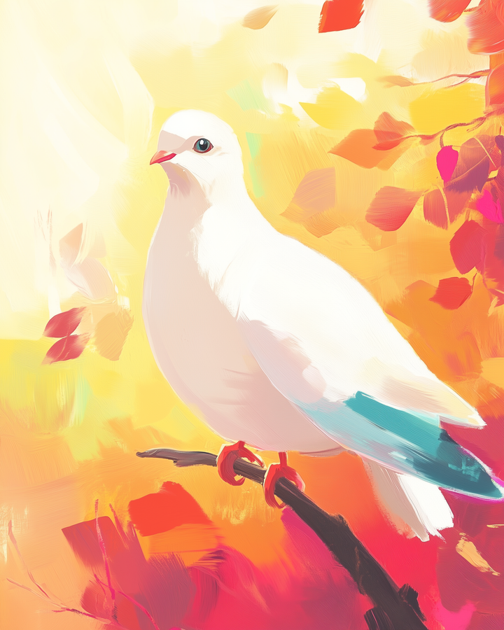 A white dove with a blue-tinted tail perches gracefully on a branch, surrounded by vibrant autumn leaves in shades of red, orange, and yellow, set against a warm, glowing background.