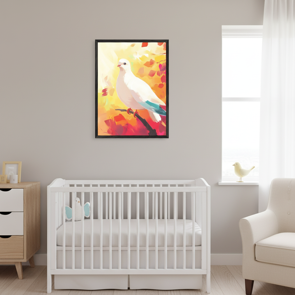 Modern nursery with a white crib, wooden dresser, and armchair. A framed painting of a white dove on a branch with a vibrant abstract background in yellows and reds hangs above the crib, left of a window.