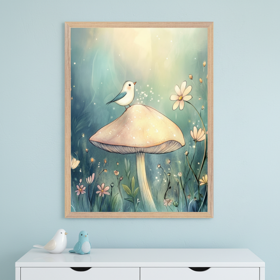 Kid's room with a light blue wall. A large framed whimsical illustration of a light blue bird on a mushroom in a glowing forest with flowers hangs centered above a white dresser. Two bird figurines sit on the dresser.