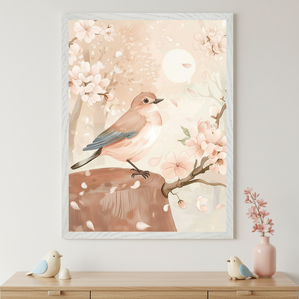 Modern nursery with a light wood dresser. A framed watercolor painting of a brown bird on a stump with cherry blossoms and a moon hangs above. Wooden bird figurines and a pink vase are on the dresser.