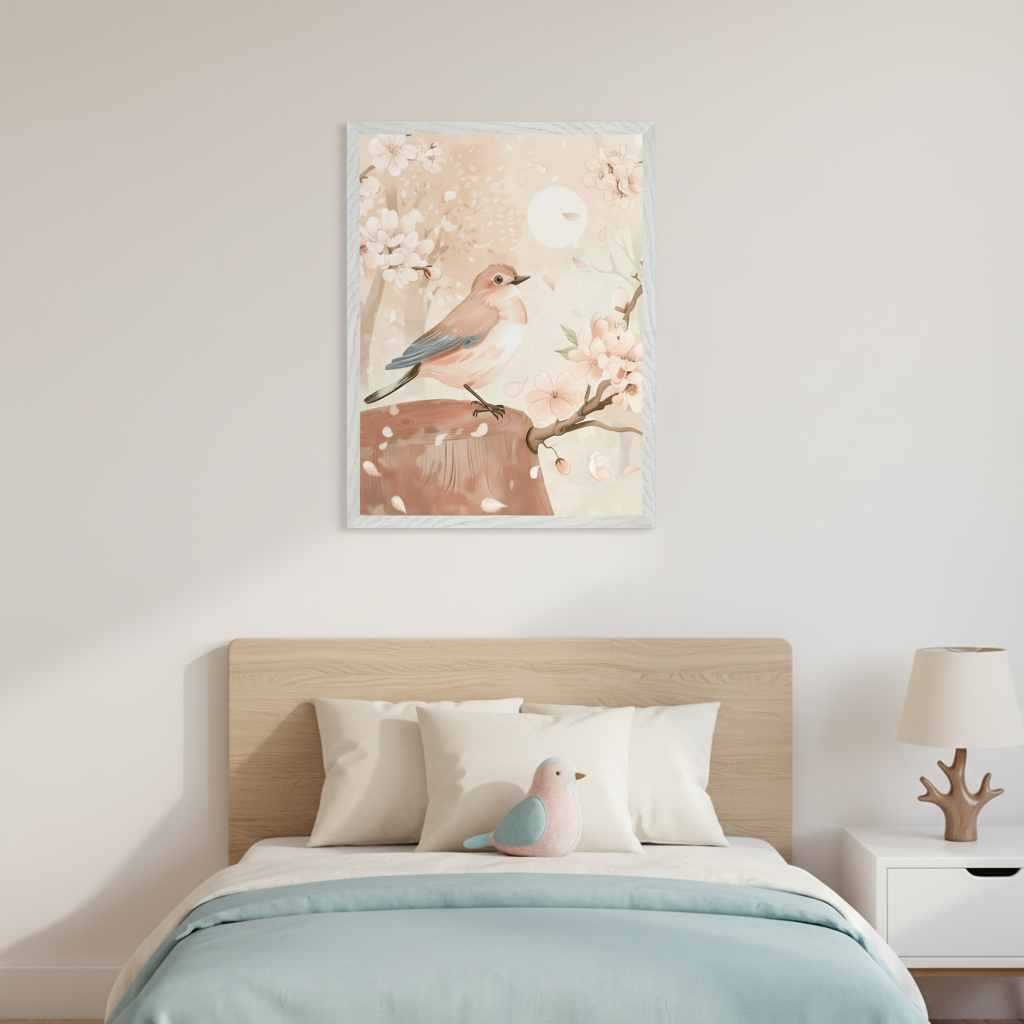 Kid's bedroom with a wooden bed, blue duvet, and bird plush toy. Framed wall art depicting a brown bird on a stump surrounded by pink cherry blossoms, in a soft illustration style, hangs centered above the bed. A white nightstand with a lamp is to the right.