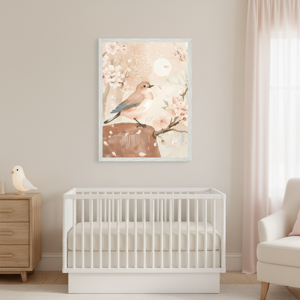Soft-toned nursery with a white crib and wooden dresser. A framed artwork of a bird perched on a stump among cherry blossoms in a pastel illustration style hangs above the crib.