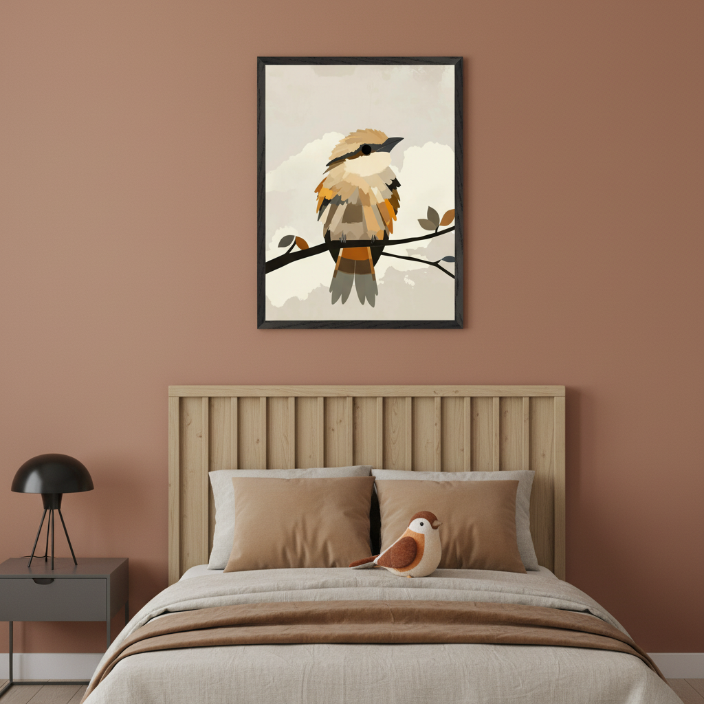 Modern bedroom with a rust-colored wall. A framed abstract print of a brown and orange bird on a branch hangs above the right side of a bed with a light wood headboard. A dark gray bedside table and black lamp are to the left.