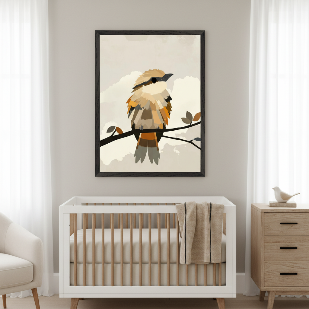 Modern nursery with a white crib and wood-toned dresser. A large framed print of an abstract brown bird on a branch hangs centered above the crib.