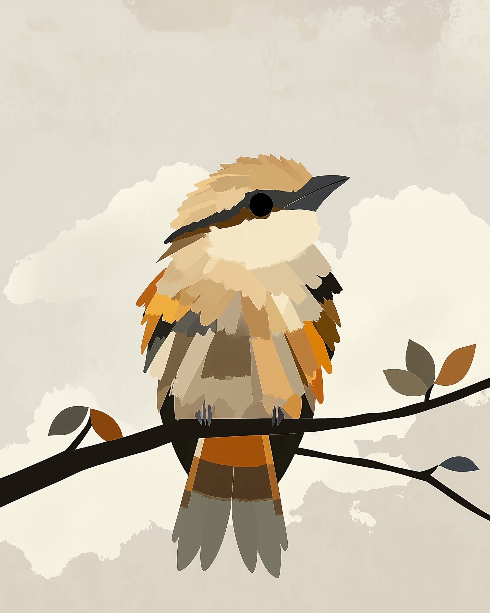 A stylized illustration of a bird perched on a branch, featuring layered feathers in warm shades of orange, beige, and brown, set against a soft, cloudy background.