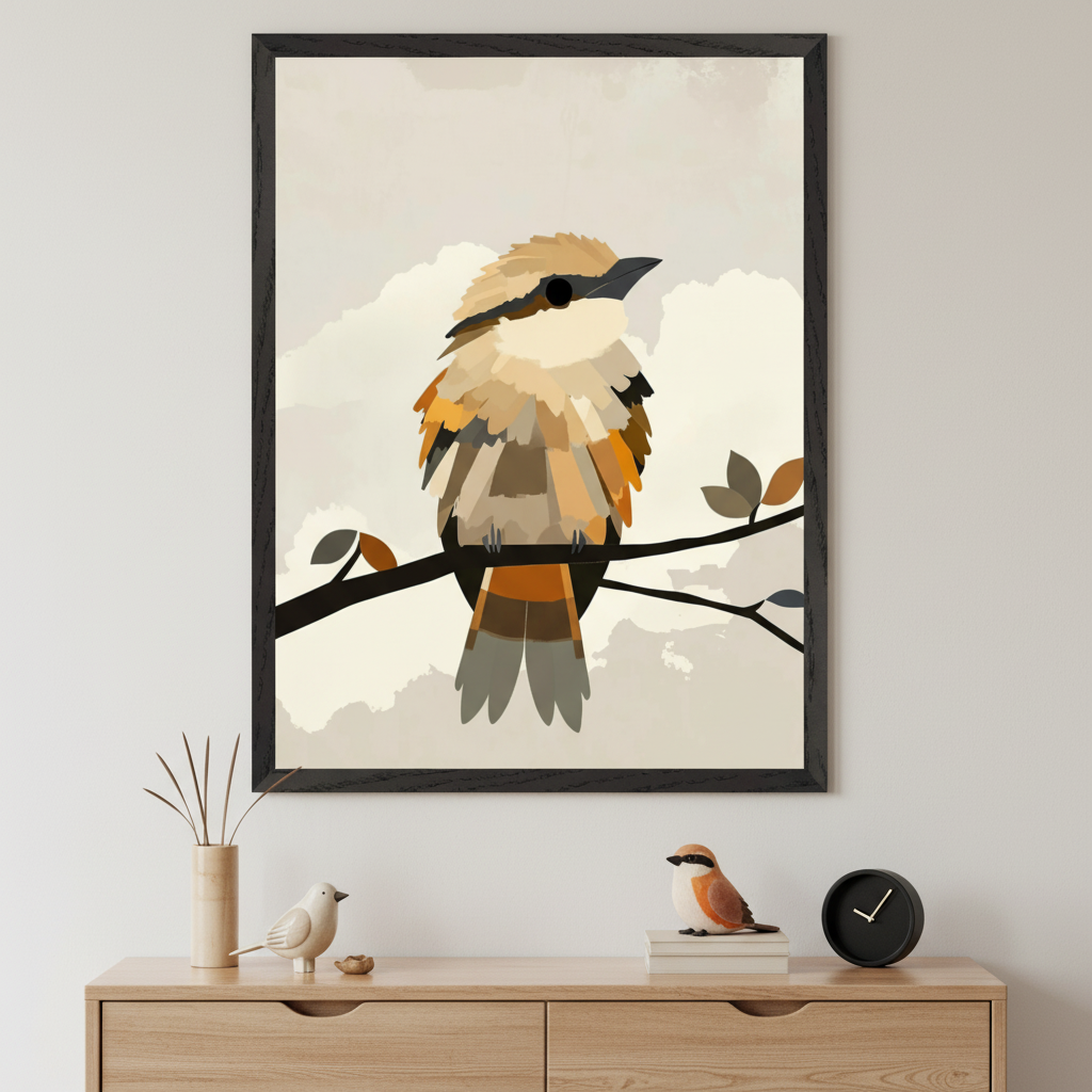 Framed illustration of a colorful bird with tan, orange, and brown feathers perched on a branch with stylized leaves against a soft, clouded background. Positioned above a wooden dresser with bird-themed decor including a small bird sculpture, a plush bird figure, and a modern black clock.