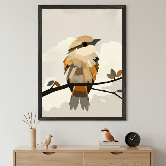 Framed illustration of a colorful bird with tan, orange, and brown feathers perched on a branch with stylized leaves against a soft, clouded background. Positioned above a wooden dresser with bird-themed decor including a small bird sculpture, a plush bird figure, and a modern black clock.
