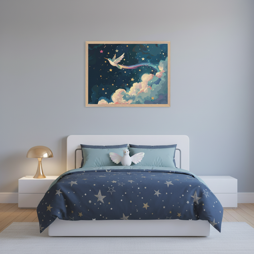 Modern bedroom with a white bed, star-patterned duvet, and dove plushie. A large framed painting of a white dove flying through a starry night sky with colorful clouds and a rainbow trail hangs centered above the bed.