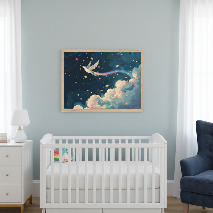 Nursery with a white crib, dresser, and blue armchair. A framed whimsical illustration of a white bird with a rainbow trail flying across a starry night sky with clouds hangs centered above the crib on a light blue wall.