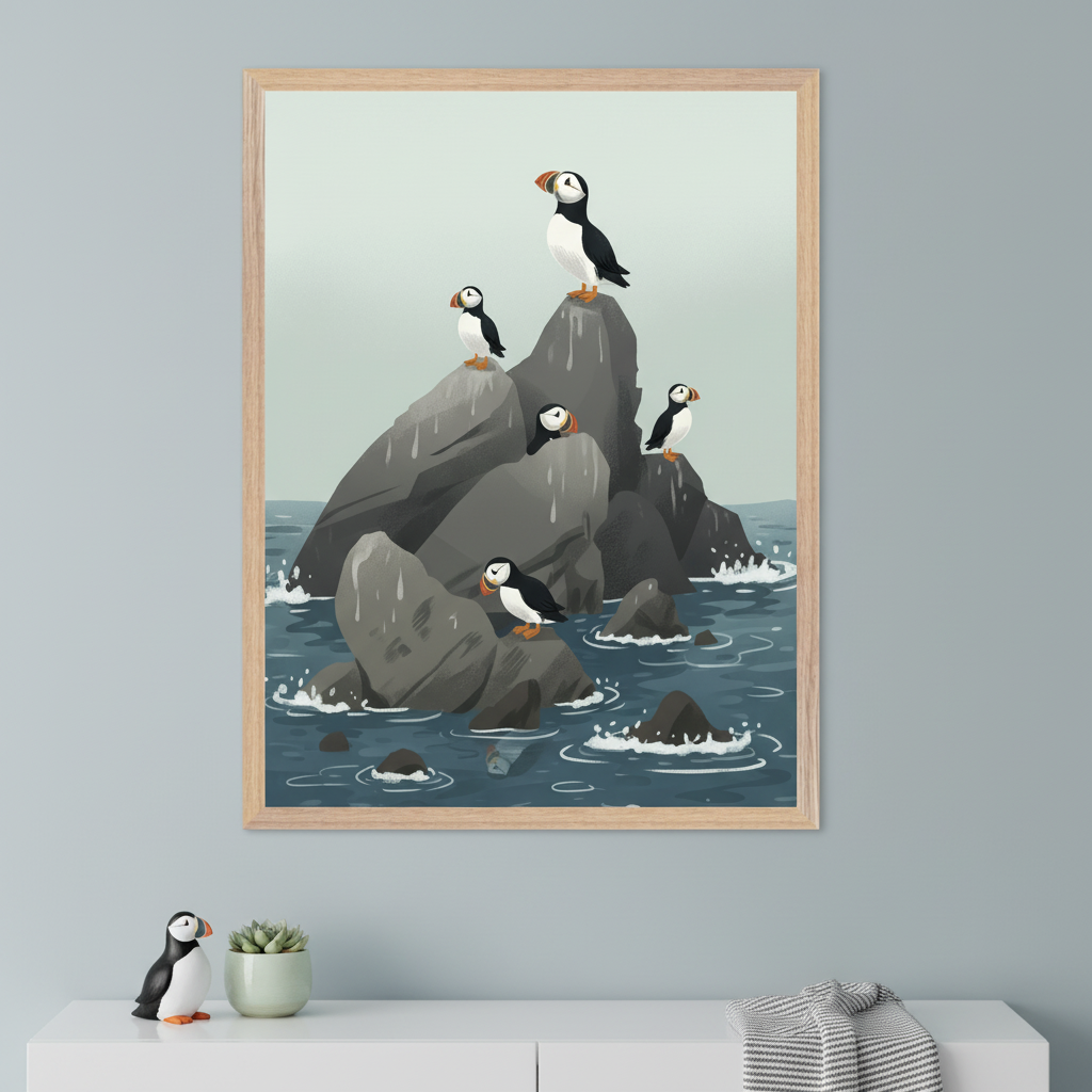 Modern room with a white dresser. A large framed print of cartoonish puffins on dark rocks in a blue ocean hangs above the dresser. A puffin figurine, a succulent, and a folded blanket are on the dresser.