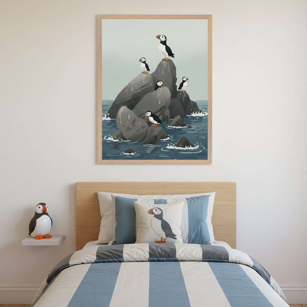 Kid's bedroom with a light wood bed against a white wall. A framed stylized illustration of puffins on ocean rocks hangs centered above the bed. Blue and white striped bedding with a puffin pillow and a puffin plushie on a white shelf.