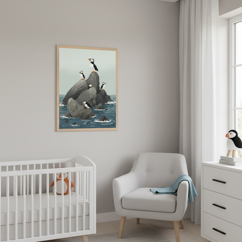 Modern nursery with a white crib, light gray armchair, and white dresser. A framed cartoon illustration of puffins on rocks in the sea hangs on the light gray wall above the crib and armchair.