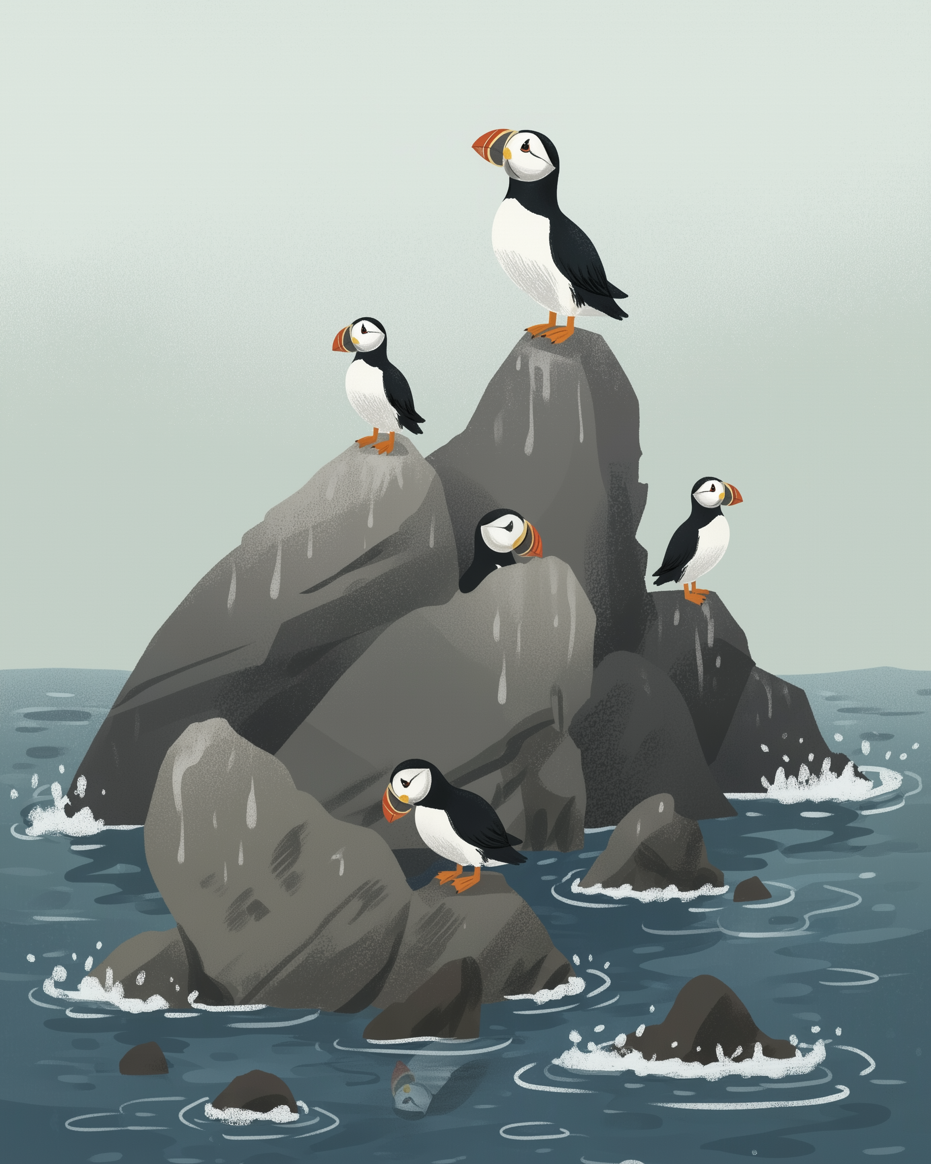 Five puffins stand on jagged rocks by the sea, their distinctive black and white plumage and bright orange beaks contrasting against the gray stones and blue water.