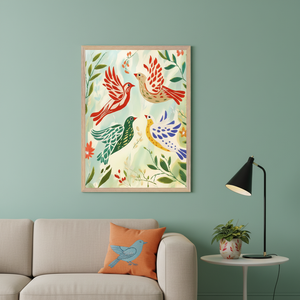 Modern living room with a beige sofa against a teal wall. A large framed print of four colorful, stylized birds flying among green foliage hangs above the sofa. An orange throw pillow with a blue bird and a side table with a black lamp are also visible.