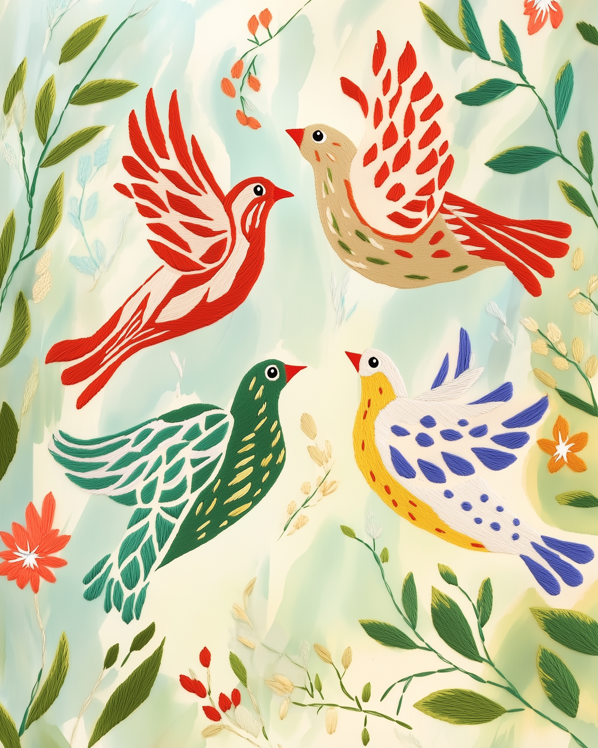 Four colorful, stylized birds in red, beige, green, and yellow with blue wings are depicted in flight amidst a backdrop of delicate, embroidered foliage and flowers.