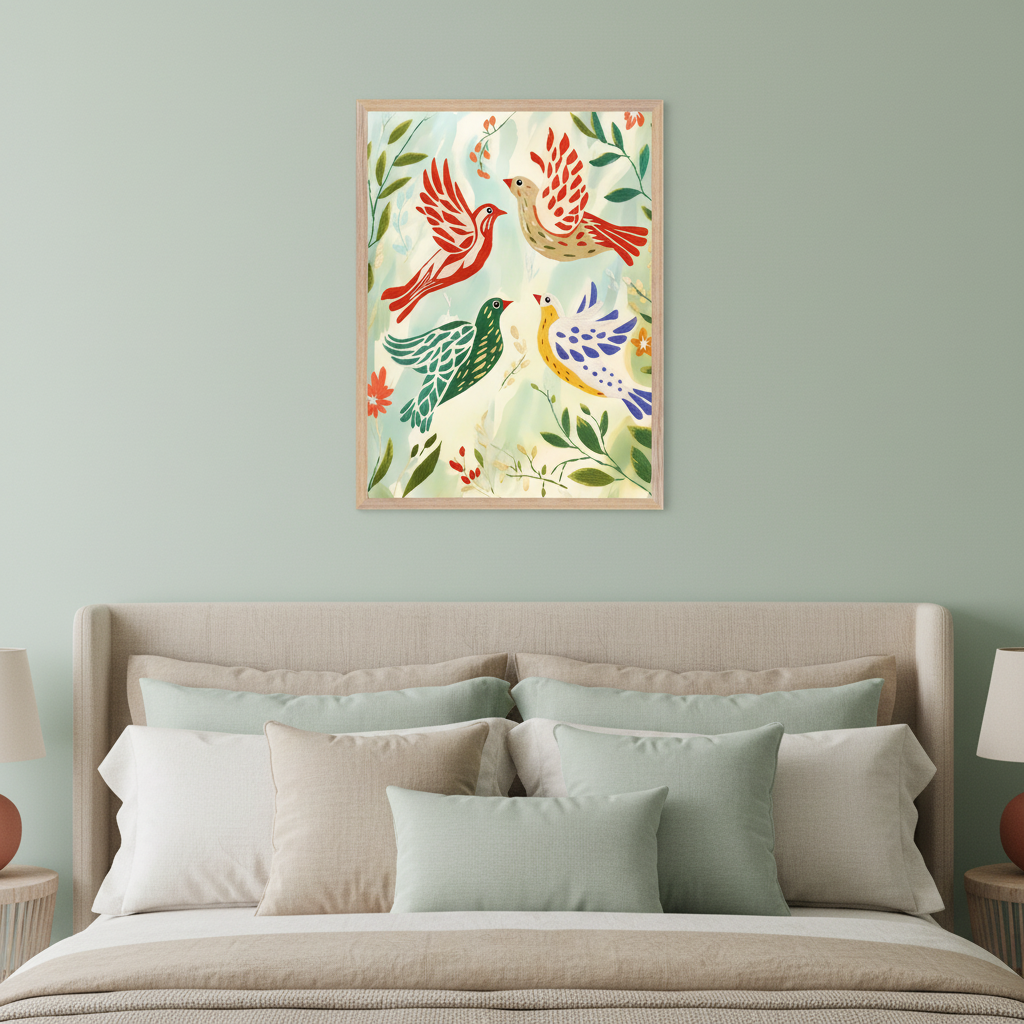 Modern bedroom with a beige upholstered bed against a sage green wall. A framed painting of four colorful birds, surrounded by leaves and flowers, hangs centered above the bed. The birds are red, beige, green, and yellow/blue.