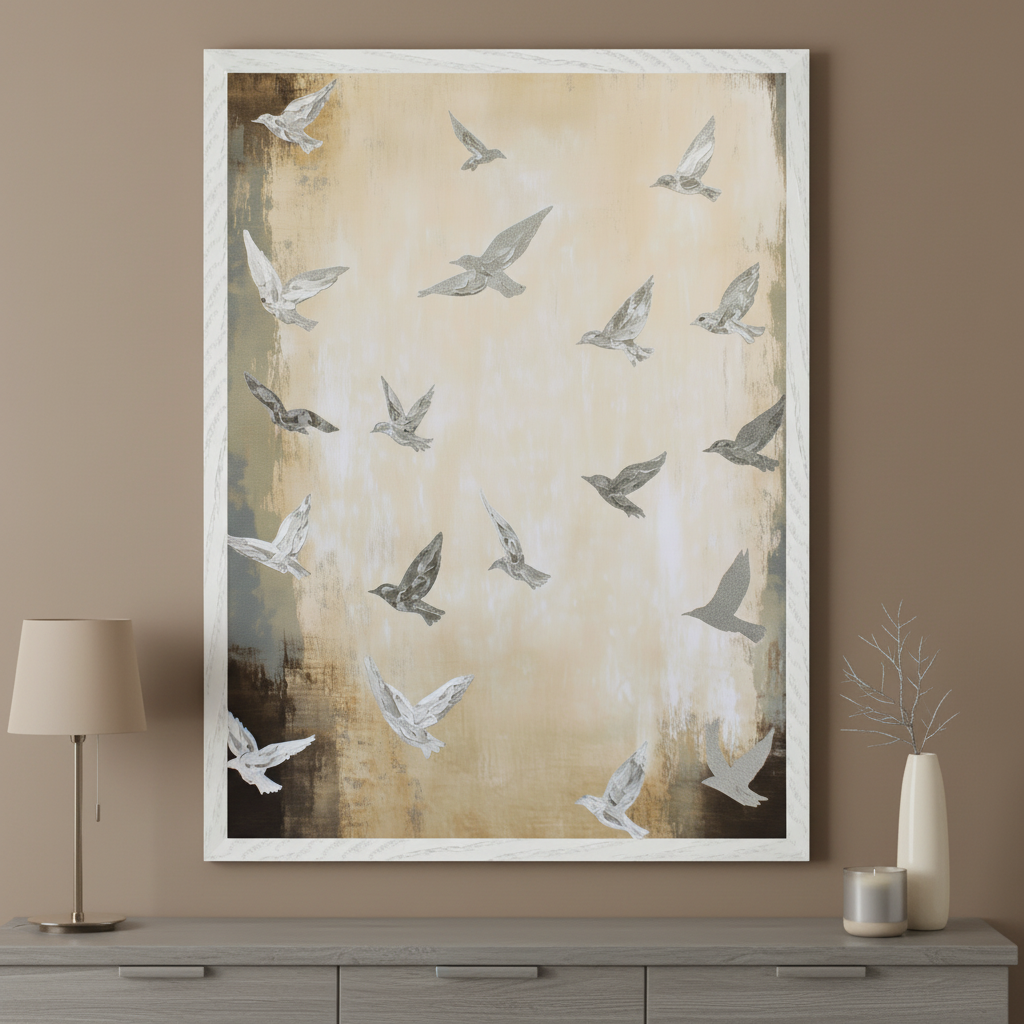 Modern room with a gray dresser. A large white-framed painting of numerous silver birds in flight on an abstract beige and brown background hangs centered above the dresser. A lamp and decorative items are on the dresser.
