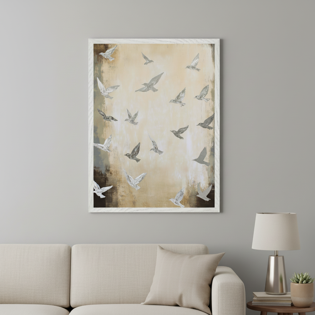 Living room with a beige sofa. A large white-framed painting of many grey birds flying on an abstract beige and brown background hangs on the wall above the sofa. A lamp and plant are on a side table.