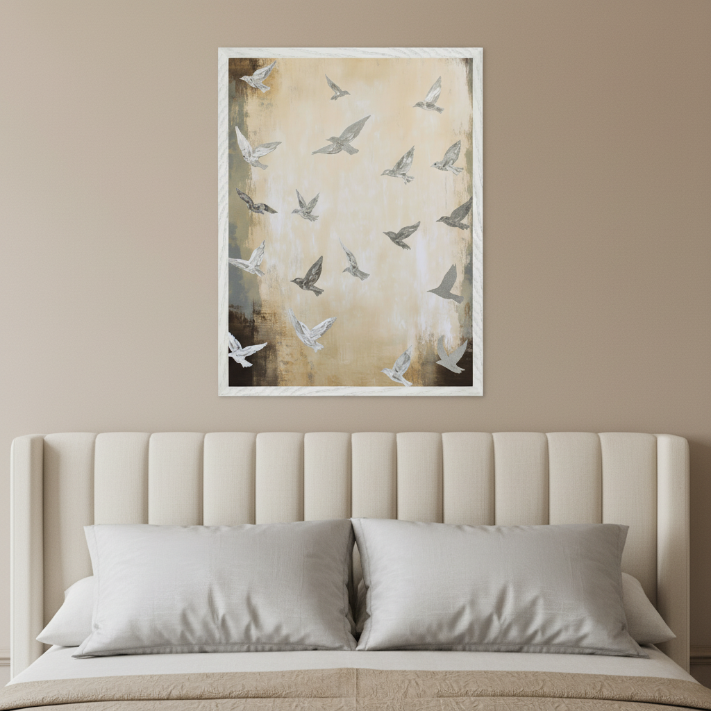 Modern bedroom with an upholstered headboard. A large framed painting of several white and gray birds in flight against an abstract beige and brown background hangs centered above the bed.