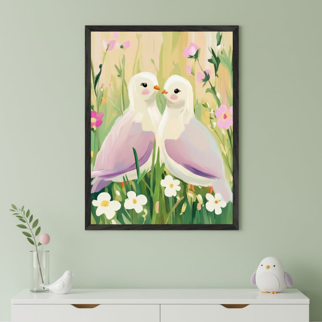 Modern minimalist room with sage green walls. A large framed painting of two white birds with pink bellies touching beaks amidst flowers and grass hangs centered above a white dresser.