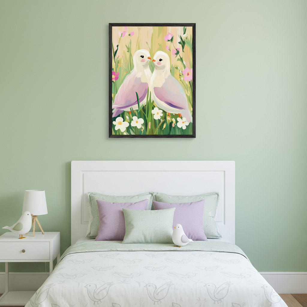 Kid's bedroom with a white bed and nightstand against a light green wall. A framed illustrative painting of two white doves in a flowery field hangs above the bed. The bed has bird-patterned bedding, light green, and lavender pillows.