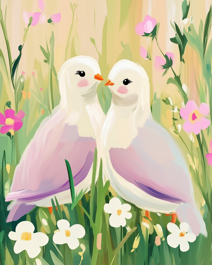 Two white and pink birds face each other affectionately amidst a lush garden, surrounded by vibrant green leaves and delicate pink and white flowers.