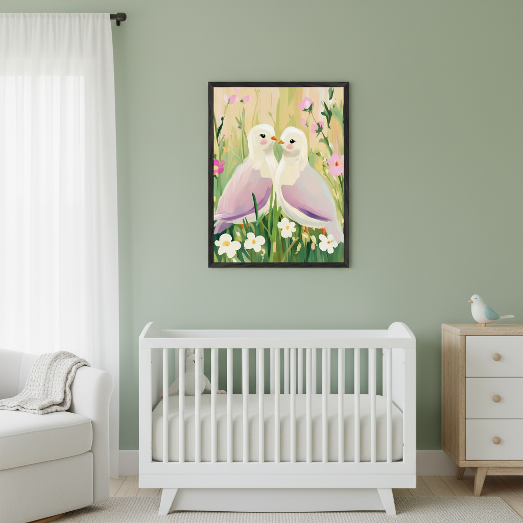 Modern nursery with a green wall. A large framed painterly artwork of two pastel pink and purple doves in a field of flowers hangs centered above a white crib. A white armchair and a wooden dresser are also visible.