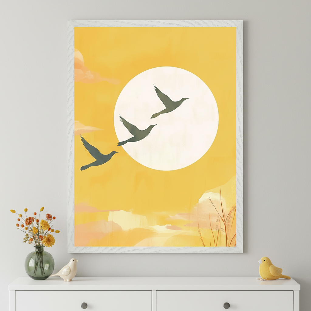 Modern room with a white dresser. A large framed print above the dresser shows minimalist art of three dark birds flying past a white full moon in a yellow sky with peach clouds. A vase of dried flowers and two bird figurines are on the dresser.