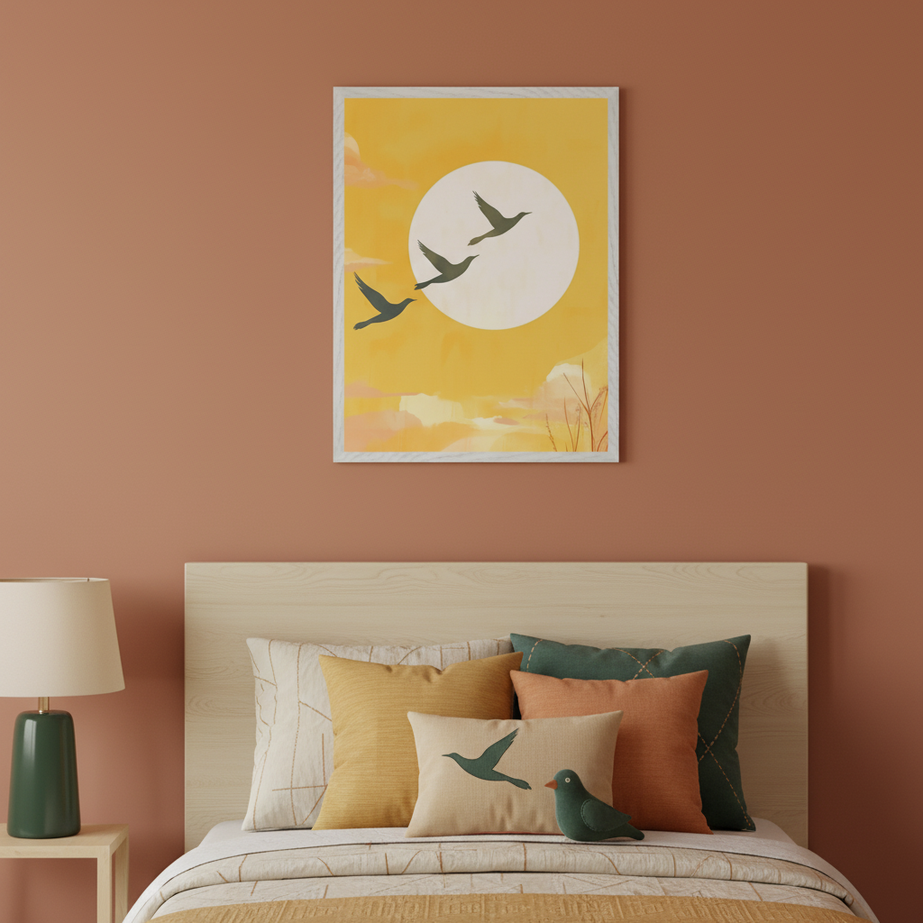 Modern bedroom with a light wood headboard and bed. A framed print showing a yellow sunset sky with a large pale sun and three dark bird silhouettes flying left is centered above the bed. The bed features mustard, orange, green, and beige pillows, and a green bird plush toy.