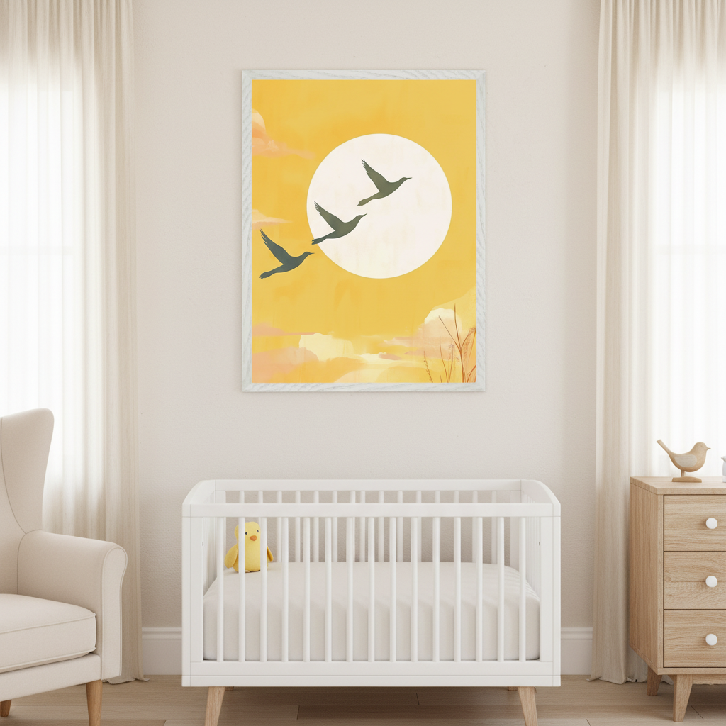 Modern nursery with a white crib, cream armchair, and wooden dresser. A large framed print of three silhouetted birds flying towards a white circle on a yellow background hangs centered above the crib.