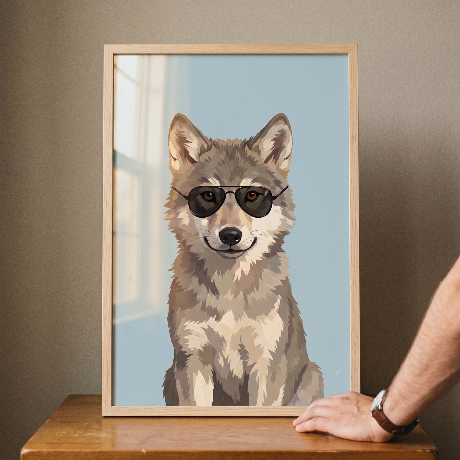 Framed black aviator sunglasses wolf wall art of a wolf on a light blue background, displayed on a wooden table.